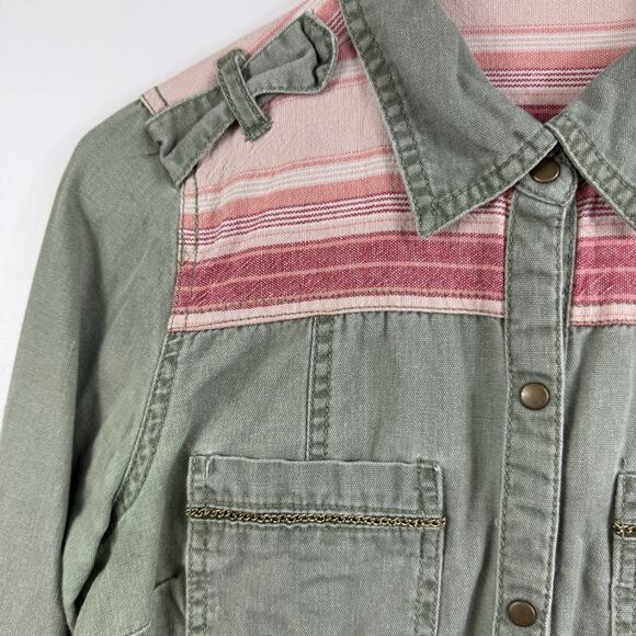 Maurices Green Pink Chambray Snap Collared Long Sleeve Shirt XS Boho Western - Picture 4 of 11